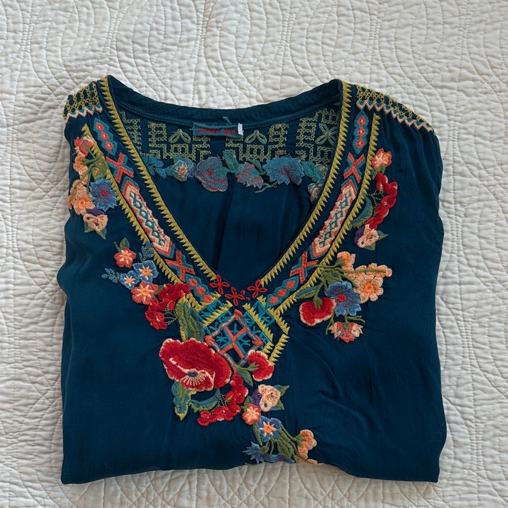 Johnny Was Teal Floral Embroidered Blouse